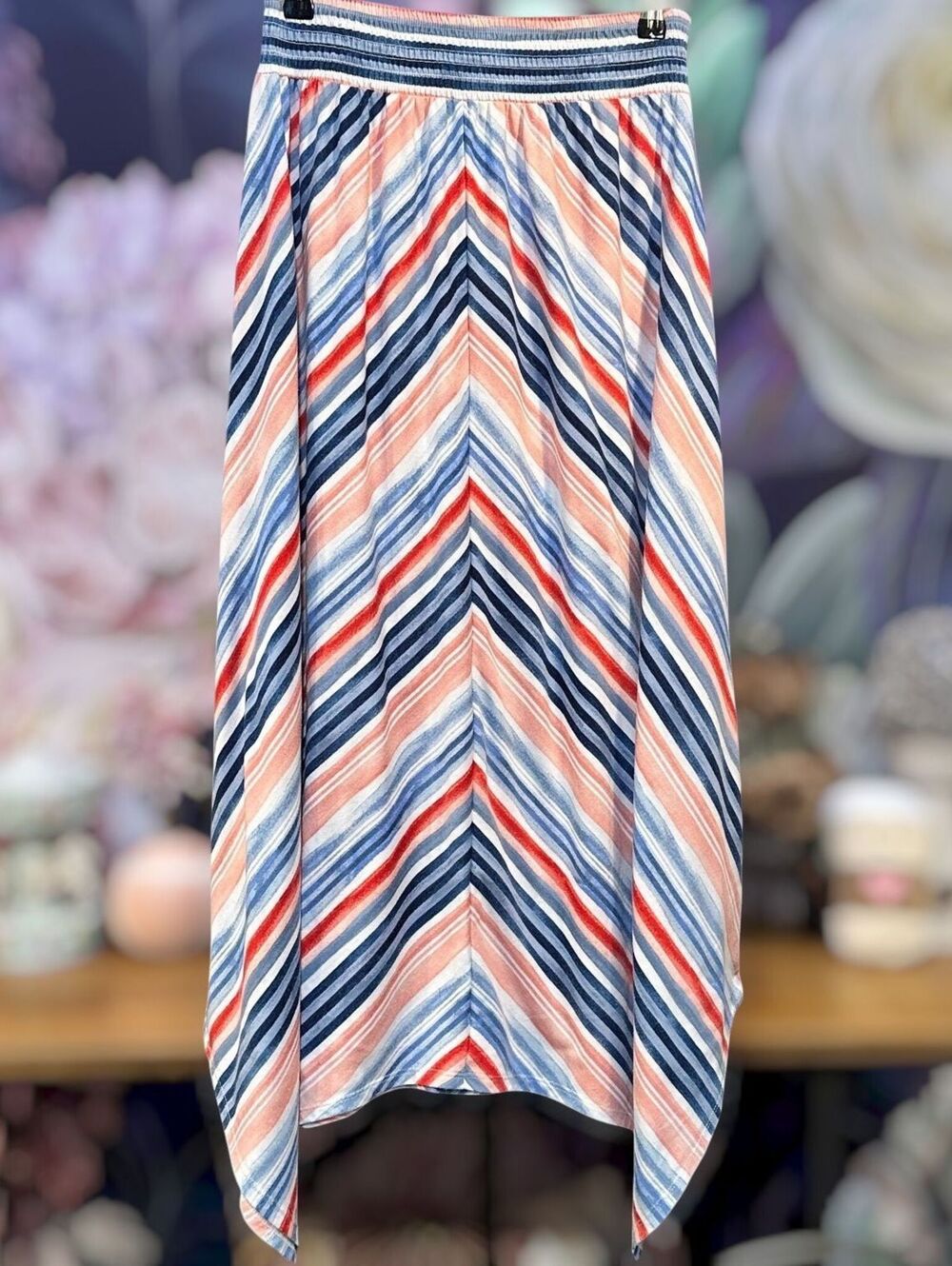 Time and Tru M Chevron Striped Maxi Boho Skirt Elastic Smocked Waist Flowy